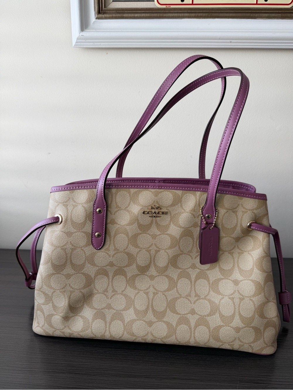 Coach F57842 Signature Tote Bag Khaki Purple PVC Leather Womens Shoulder Handbag